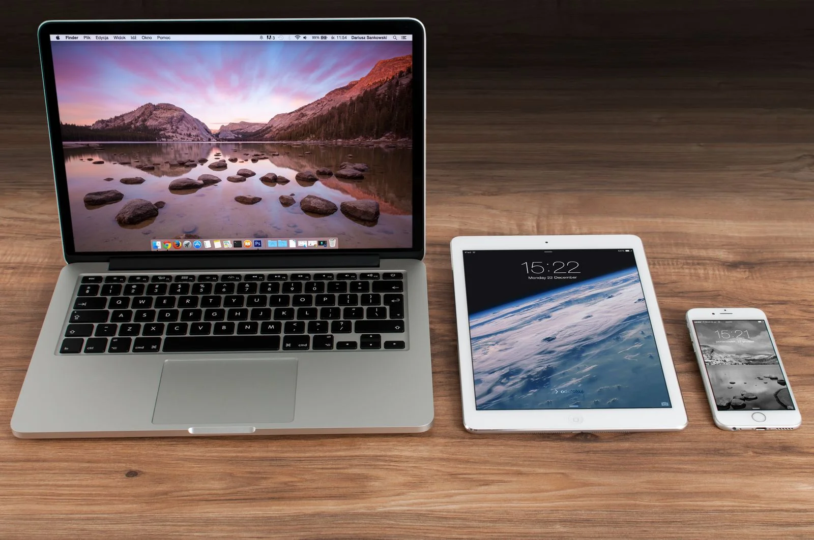MacBook, iPad and iPhone together on a desk