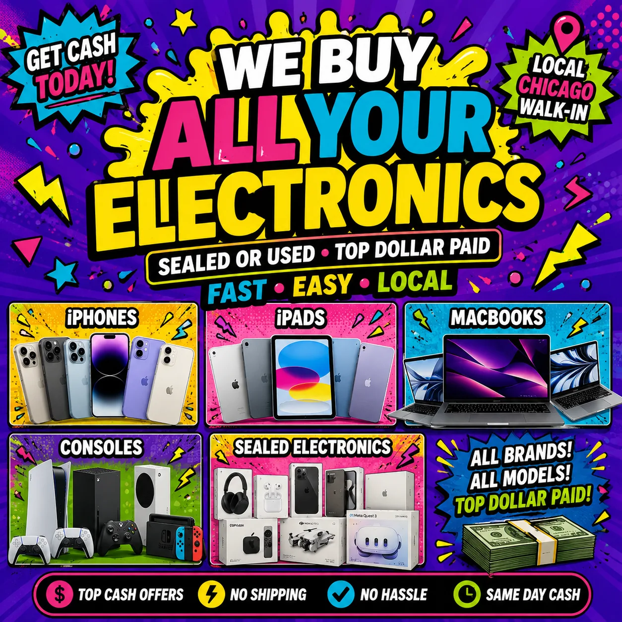 We Buy All Your Electronics in Chicago – iPhones, iPads, MacBooks, consoles and sealed electronics, all brands all models, top cash offers, no shipping, no hassle, same day cash, local Chicago walk-in