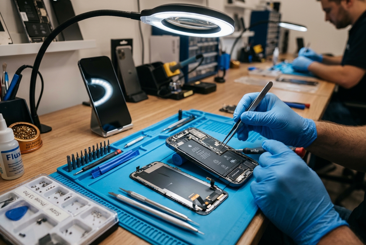 Professional phone repair at 2A Electronics Chicago: technician repairing a smartphone on a repair bench